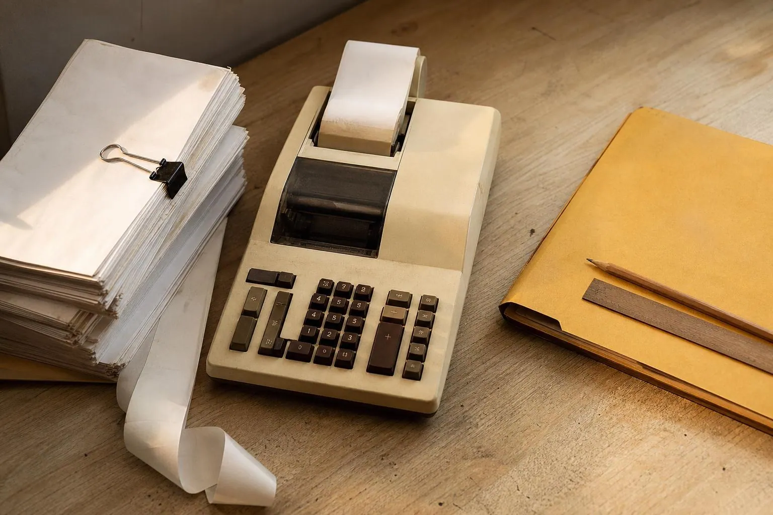Calculatrice de bureau à ruban papier posée près d’une liasse de feuillets de paie pliés