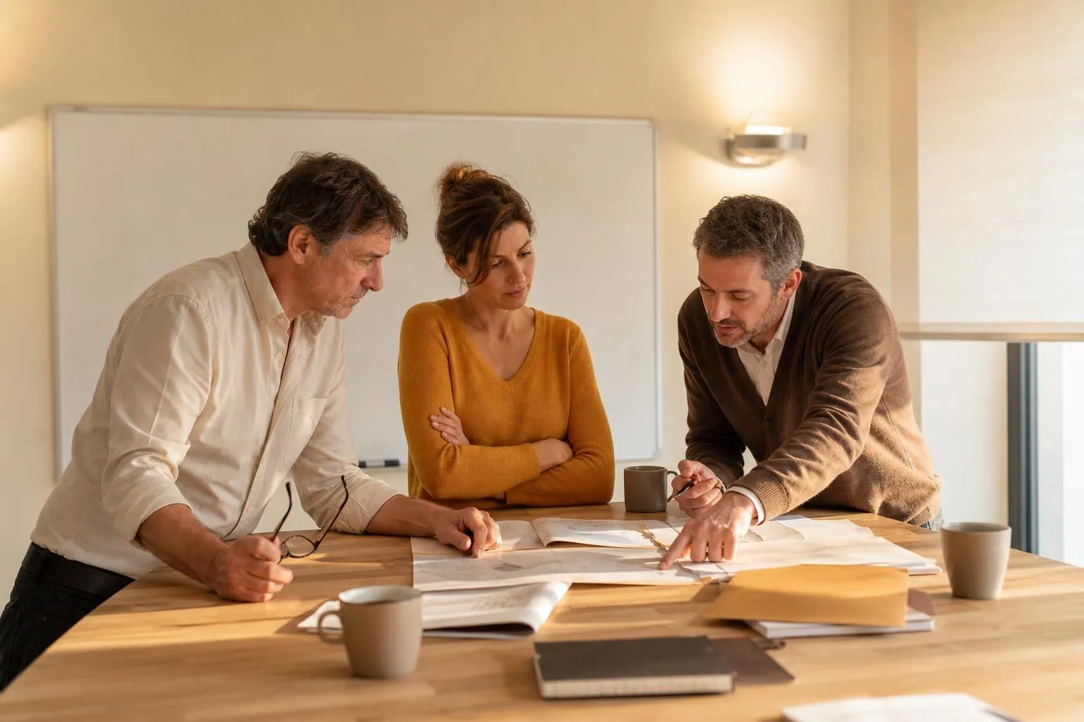 Trois responsables debout autour d’une table haute couverte de documents en fin de journée