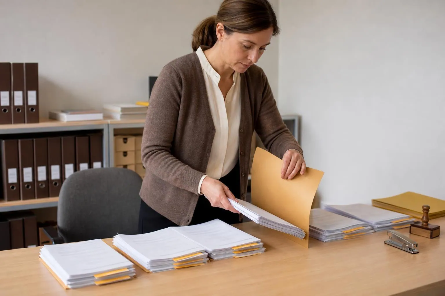 Responsable paie assemblant un dossier à rabats et des intercalaires sur une table de bureau d’agence