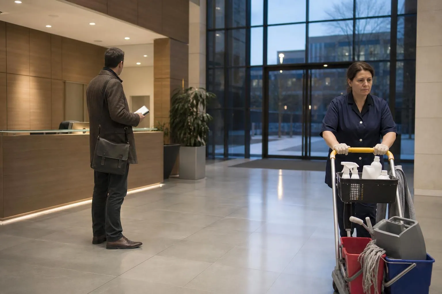Agent de propreté et responsable de site au petit matin dans le hall d’un immeuble de bureaux