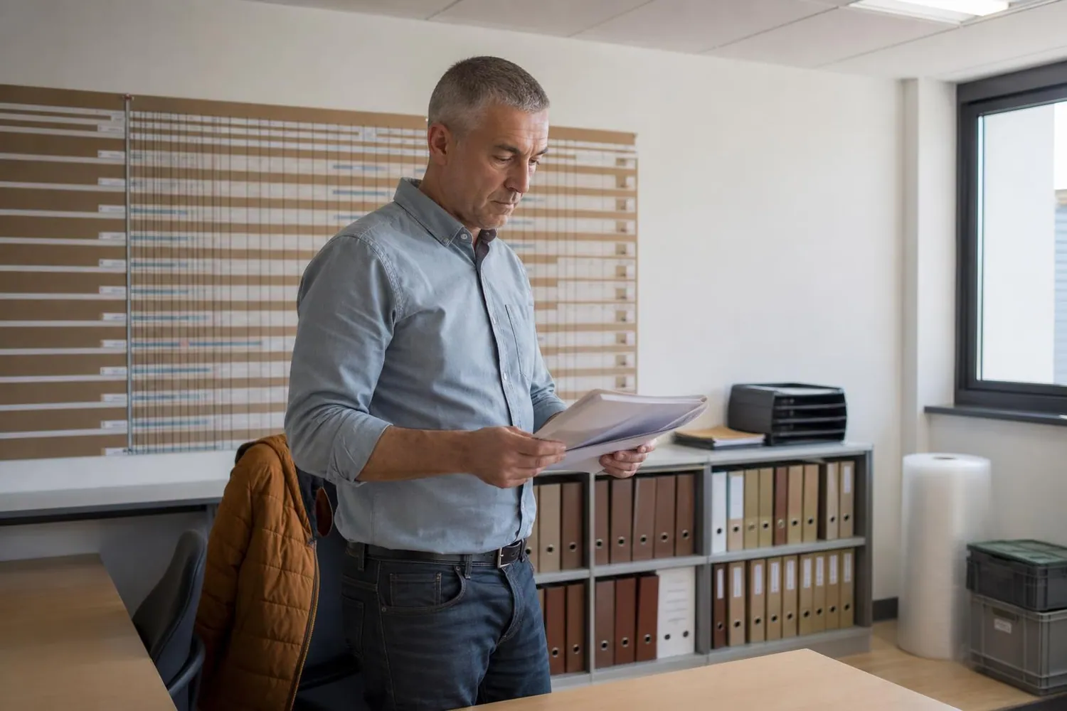 Directeur d’exploitation debout devant un planning mural dans un bureau d’agence, un listing papier à la main