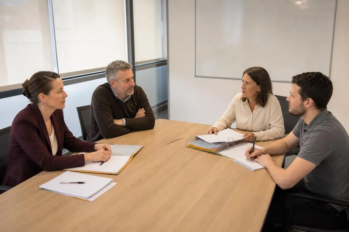 Quatre personnes autour d’une table de réunion avec des dossiers ouverts, lors d’une passation entre deux prestataires de nettoyage